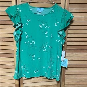 CeCe Teal Floral Ruffle Sleeve Blouse